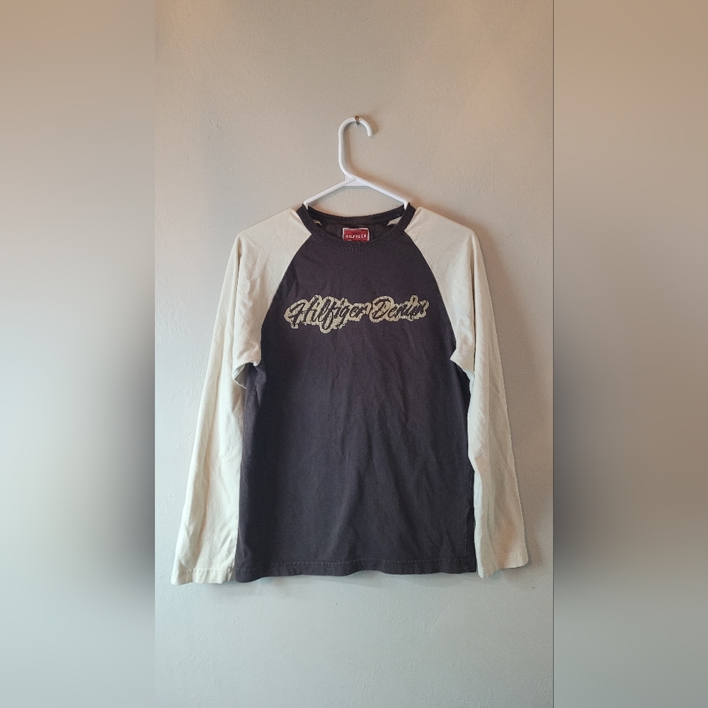 tommy Hilfiger denim casual long sleeve tee in cream/brown split small